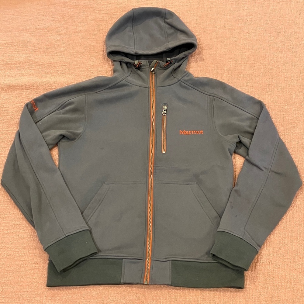 Marmot men’s small fleece Hoodie gray with Orange accents FAIR condition